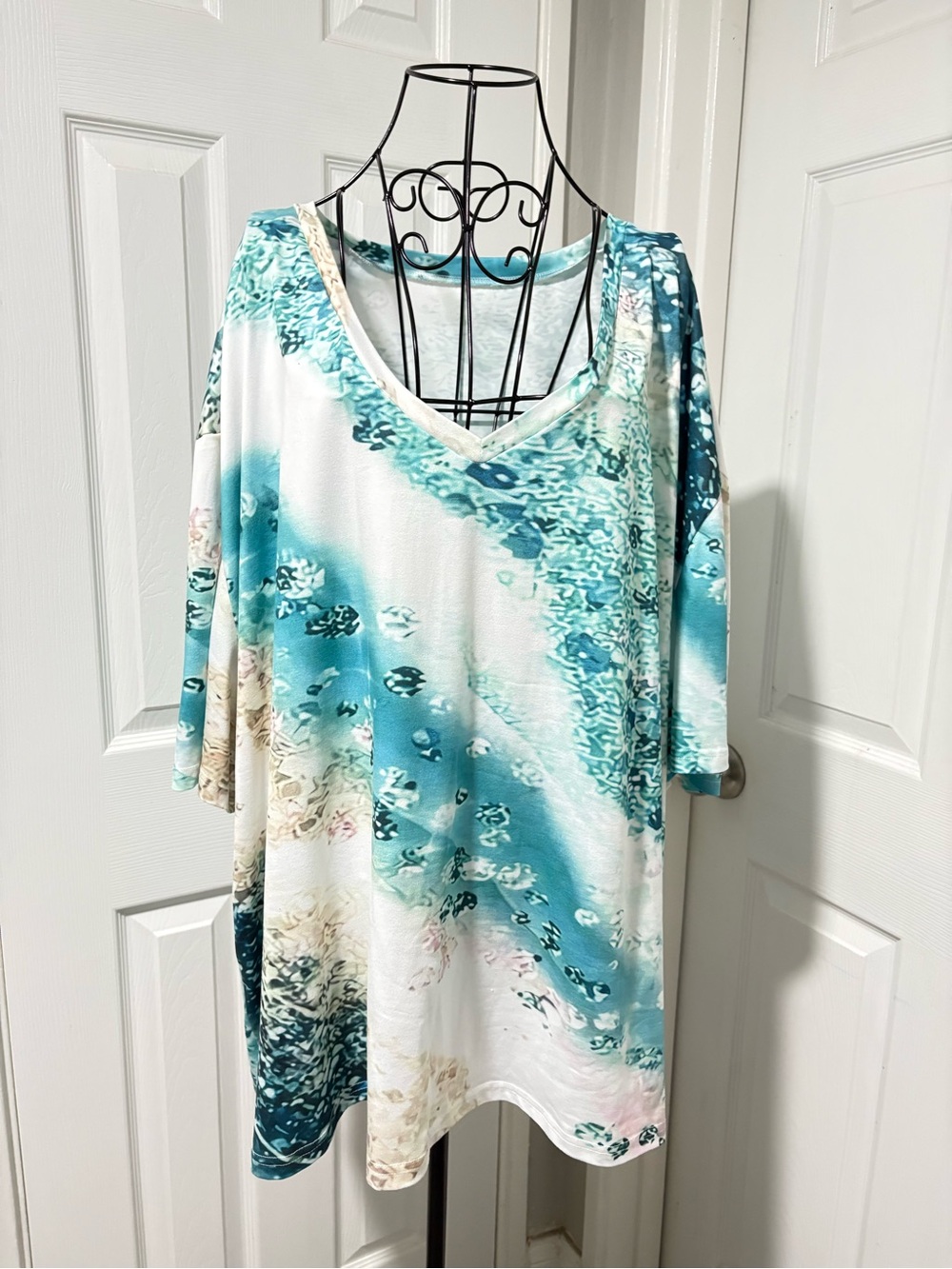 Plus Size V-Neck Light Blue & White Casual Top